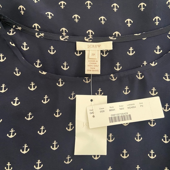 J Crew Women’s Sz 2P Blouse Blue Anchor 3/4 Sleeve Silk Button Shoulder coastal - Picture 3 of 4